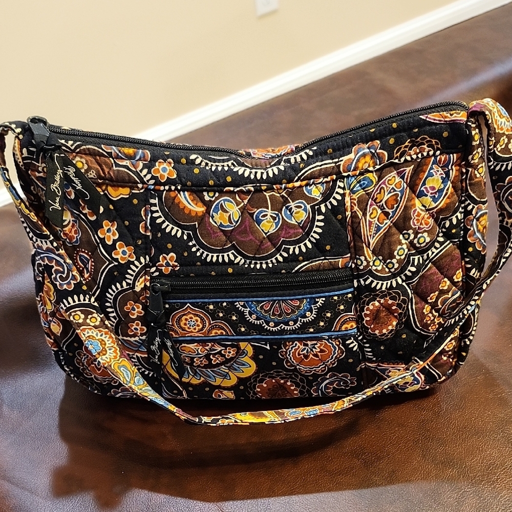 Vera Bradley Black and Orange Shoulder Bag with Intricate Design